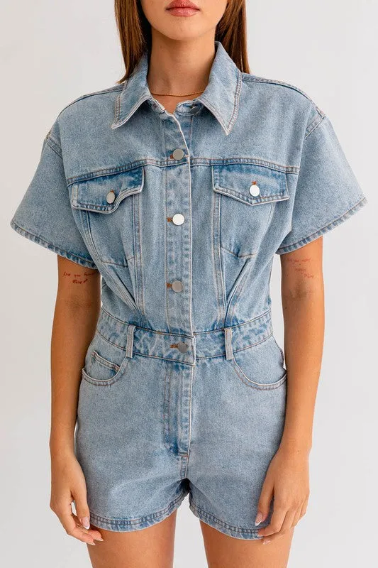 Casual Stylish Fashion Short Sleeve Denim Romper