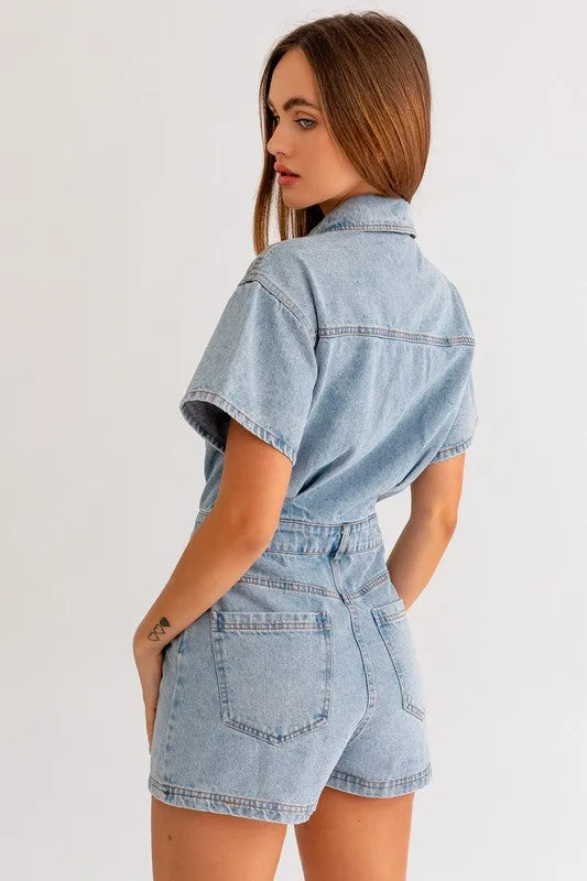 Casual Stylish Fashion Short Sleeve Denim Romper