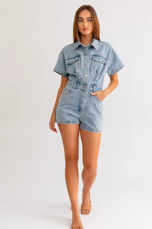 Casual Stylish Fashion Short Sleeve Denim Romper