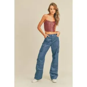 Denim Wide Leg Full Length Cargo Pants