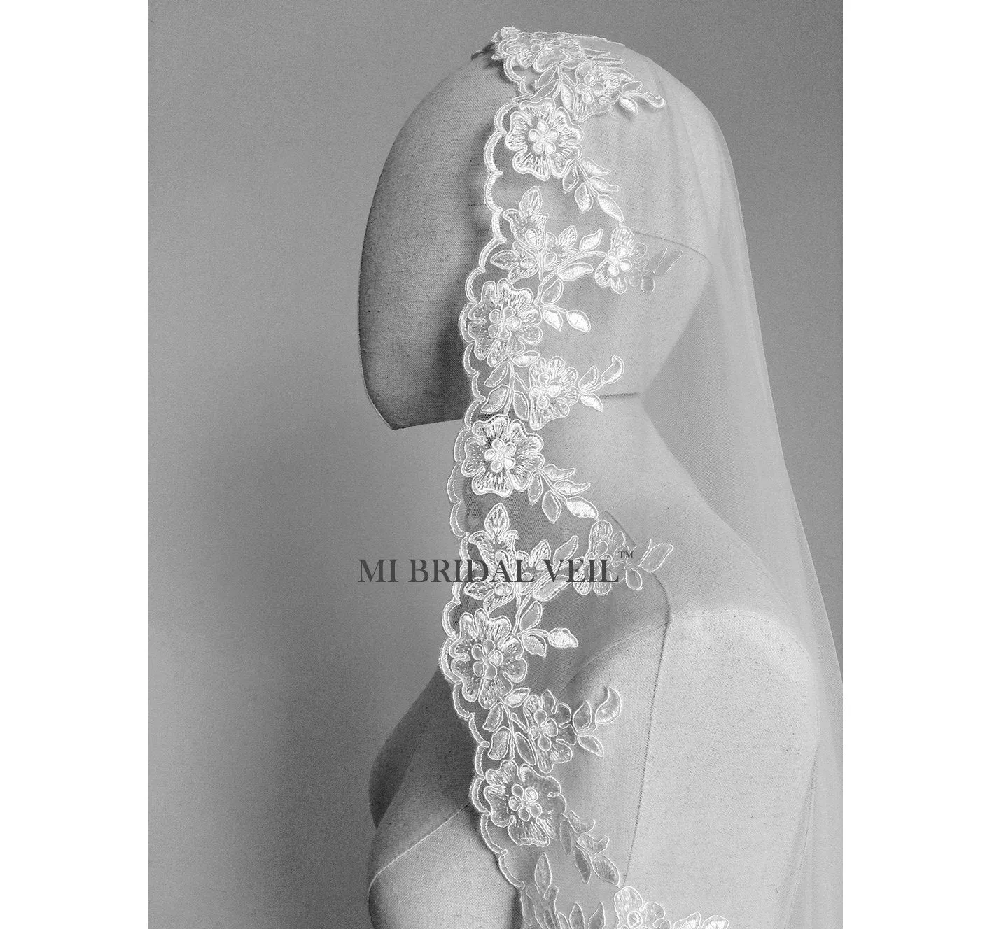 Mantilla Lace Wedding Veil, Vintage Inspired Rose Lace Veil, Mi Bridal