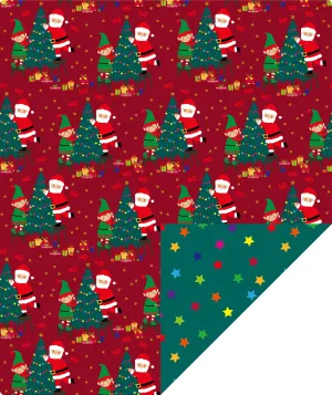 Santa & Elf Wrapping Paper Roll with Green Christmas Tree on Reverse