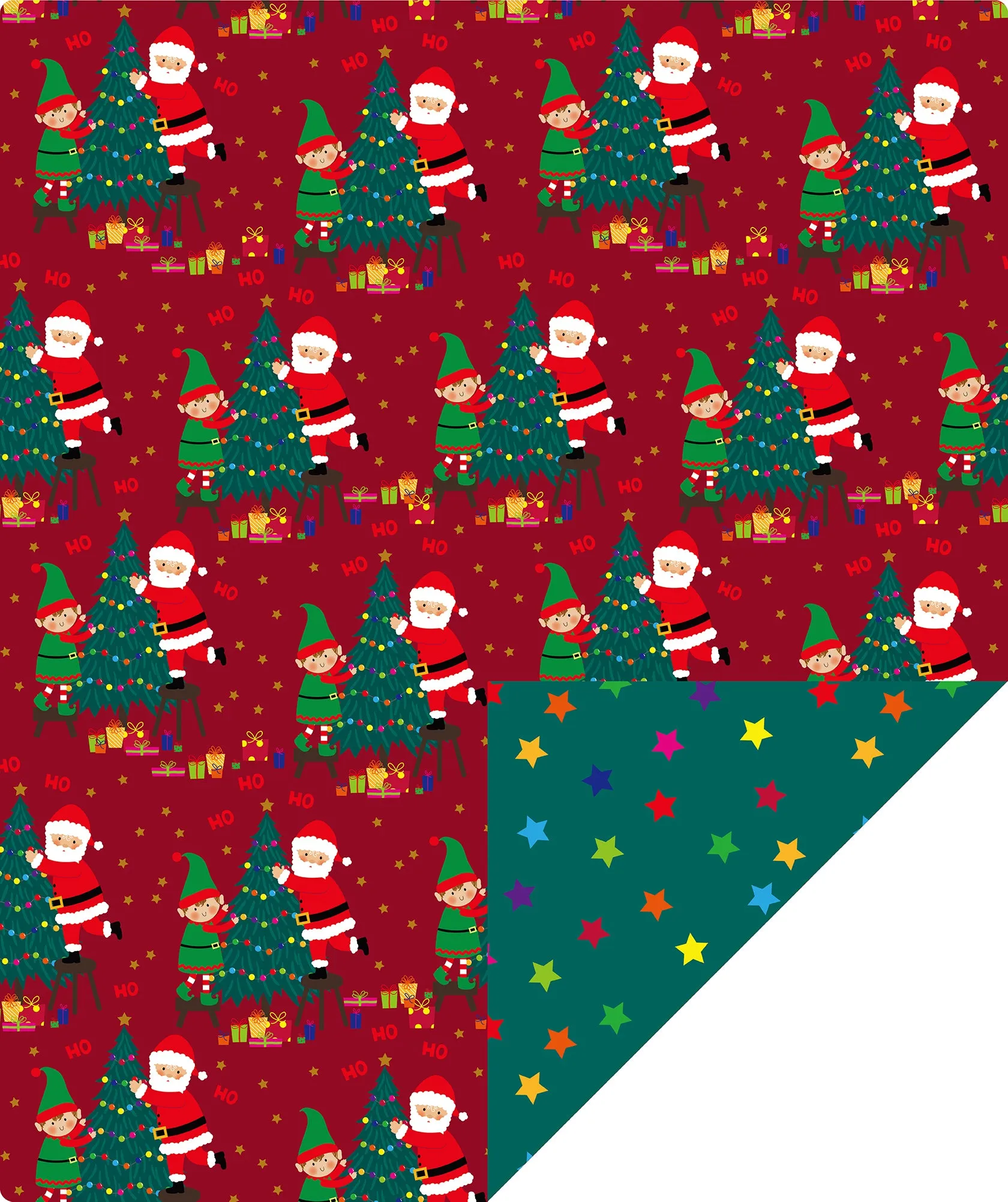 Santa & Elf Wrapping Paper Roll with Green Christmas Tree on Reverse