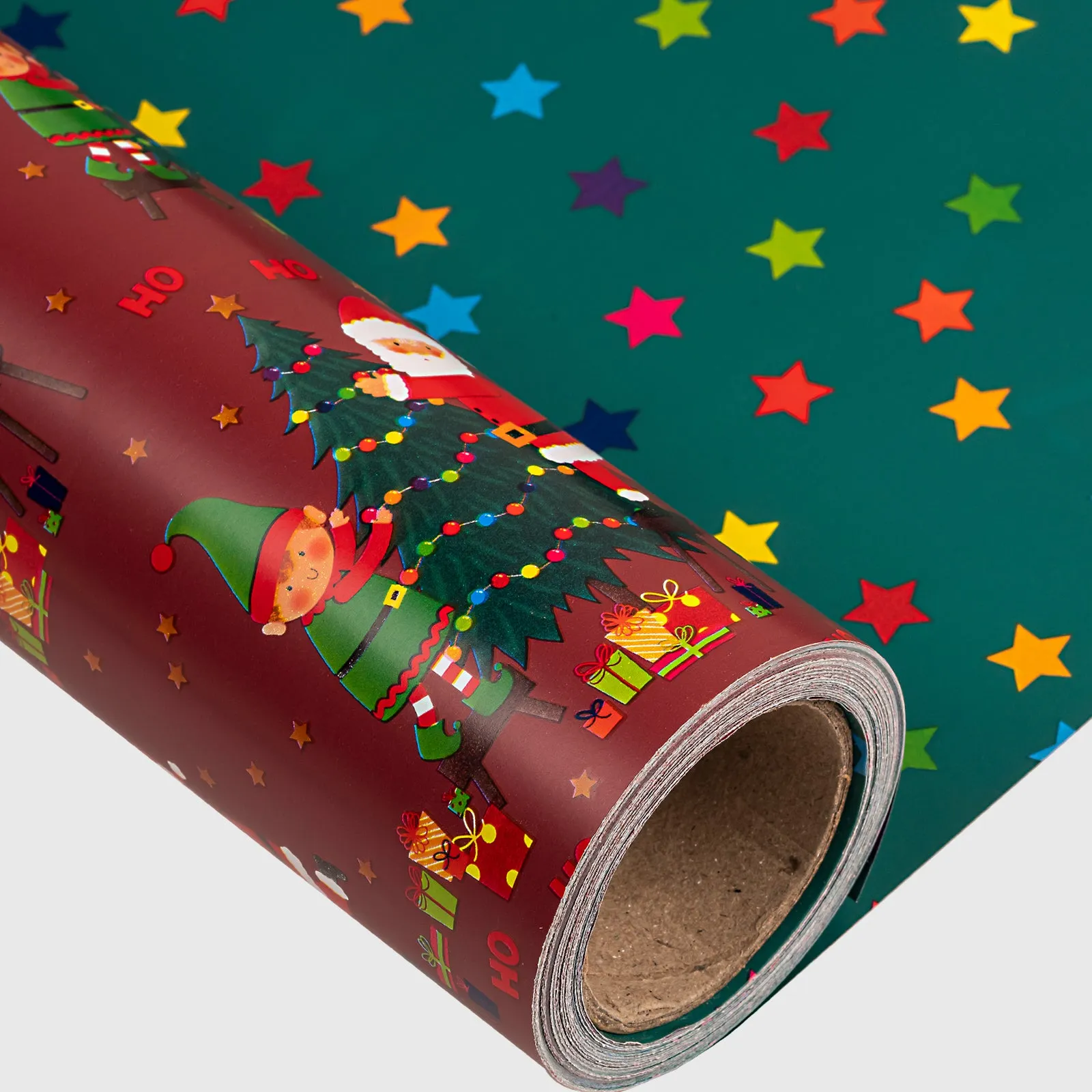 Santa & Elf Wrapping Paper Roll with Green Christmas Tree on Reverse