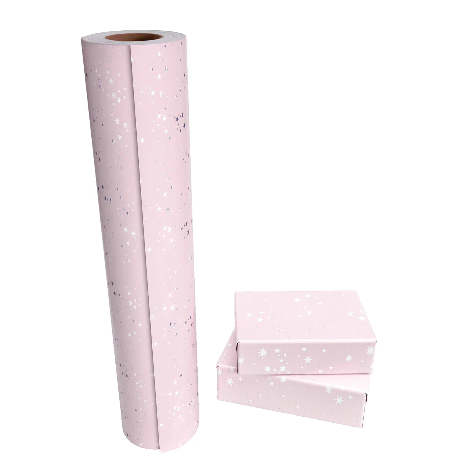 Starry Light Pink Silver Stamp Wrapping Paper wtih Cut Line on Reverse