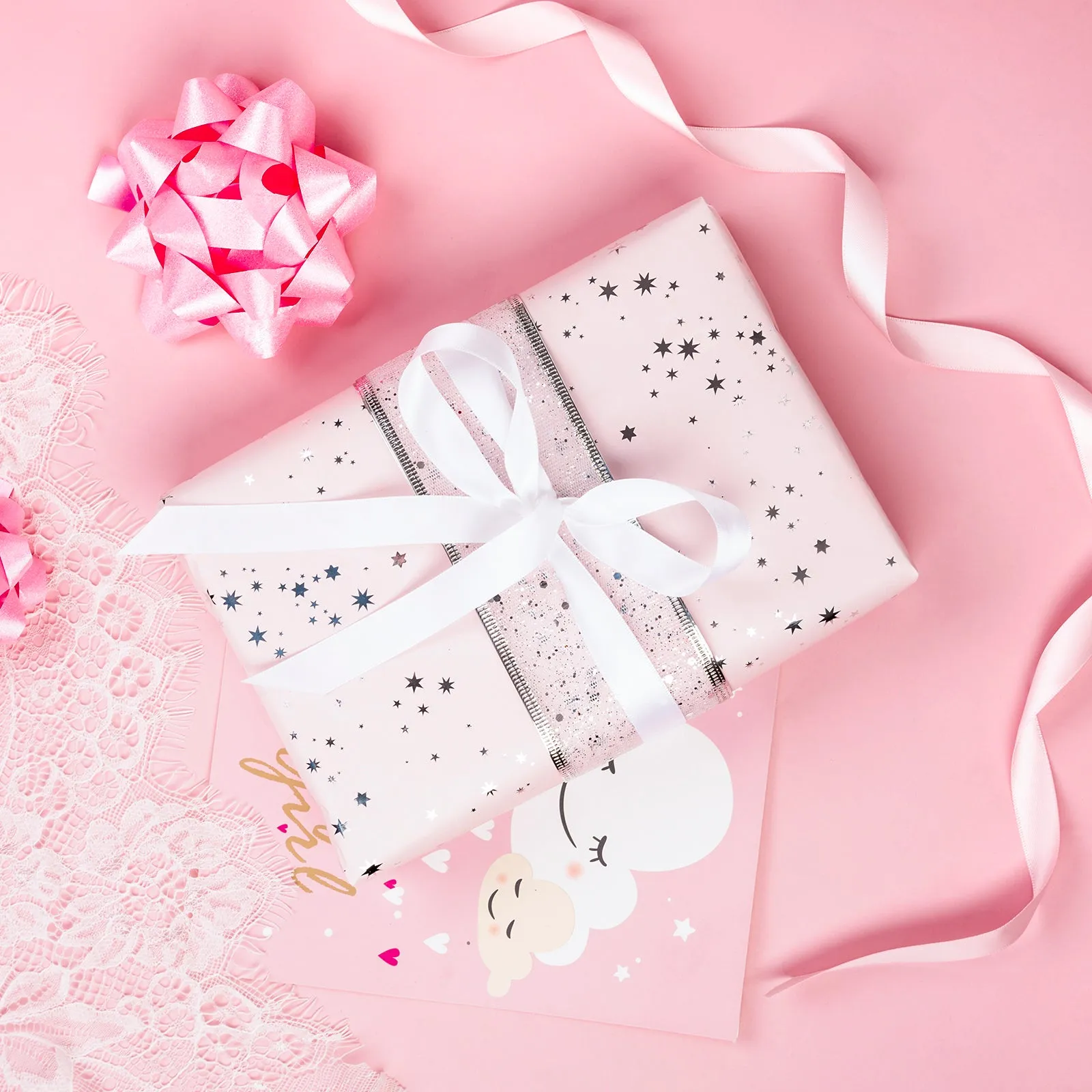 Starry Light Pink Silver Stamp Wrapping Paper wtih Cut Line on Reverse
